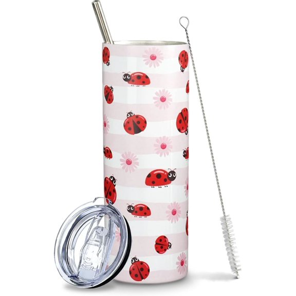 Ladybug Gifts for Women Girls, Cute Ladybugs Daisy Floral Tumbler Cup Coffee Travel Mug, Lady Bug Pink Metal Thermal Insulated Tumblers 20 Oz, Ladybug Decor Accessories Stuff, Kawaii Gifts