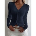 thumbnail image 5 of Womens Cardigan Sweaters Lace Ruffle Trim V Neck Long Sleeve Button Front Ribbed Knit Cute Fitted Crop Tops Navy Blue M, 5 of 9