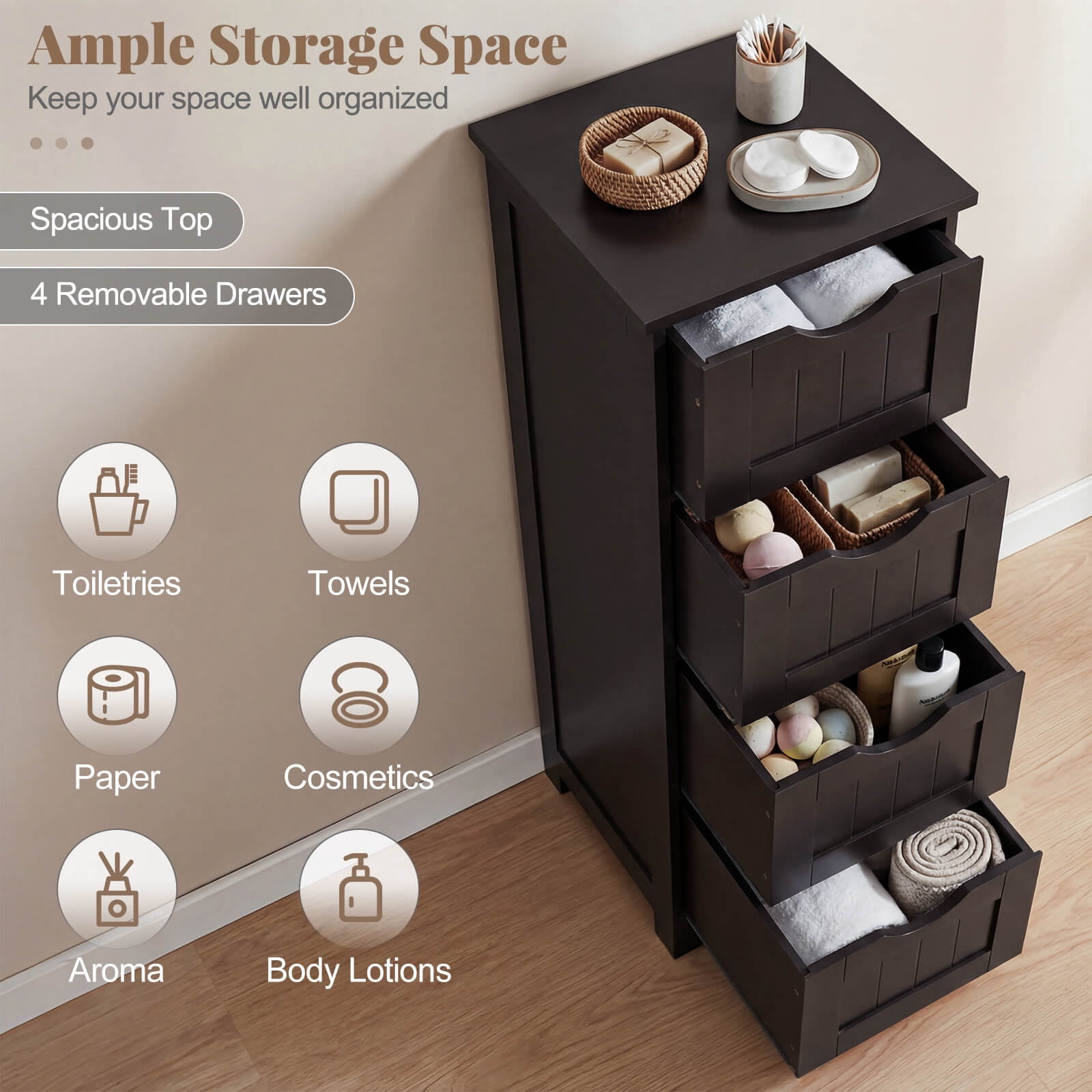 Costway 32.5'' Bathroom Floor Cabinet with Anti-tipping Device Freestanding Towel Cabinet Espresso