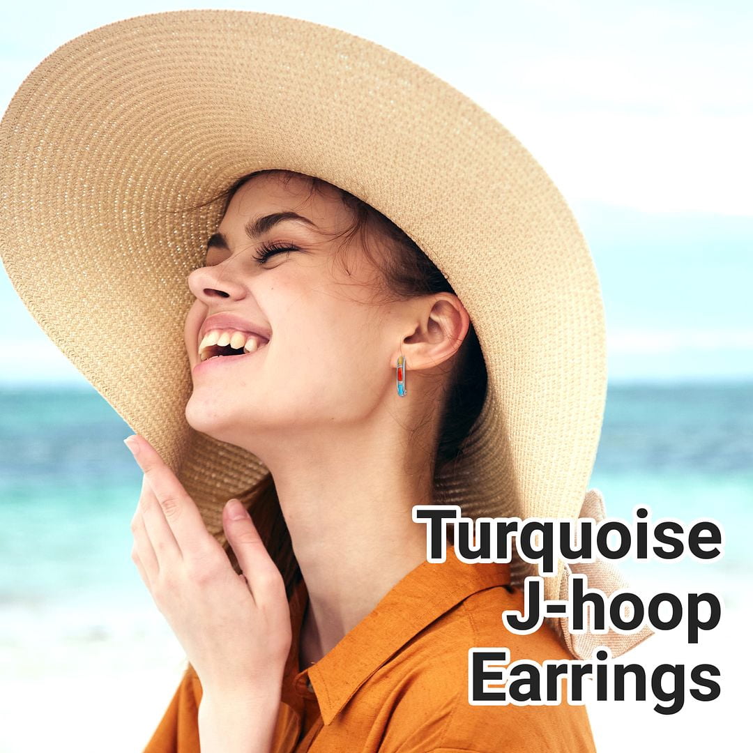 Santa Fe Style Multicolor Turquoise J-Hoop Earrings for Women 925 Sterling Silver Boho Western Jewelry  Boho Western Birthday Gifts for Women