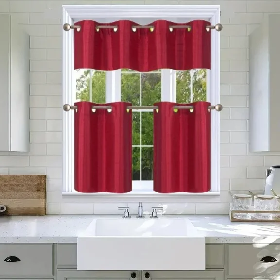Gorgeous Home Linen 3-Piece Solid Blackout Grommet Kitchen Curtain Set with Two 28x24in Tiers and One Matching 54x14in Valance Burgundy Red