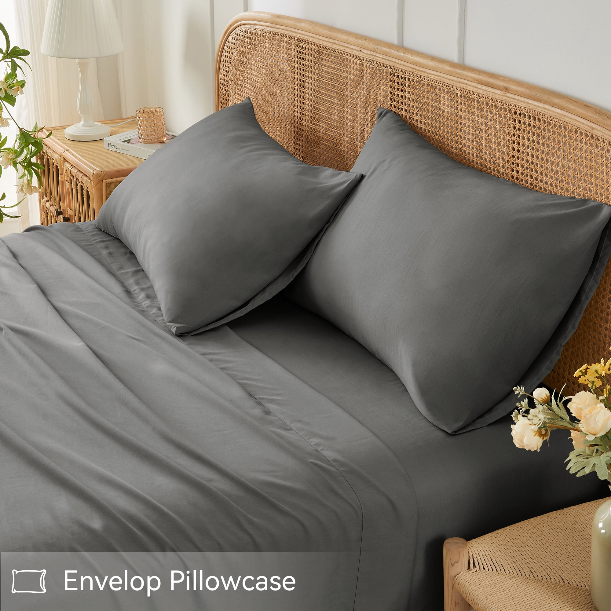 JELLYMONI 4 Pieces Cooling Queen Sheets Set, Microfiber & Bamboo Sheet Set, Breathable & Wrinkle Free - 16" Deep Pockets Bedding Sheets & Pillowcases,Dark Grey