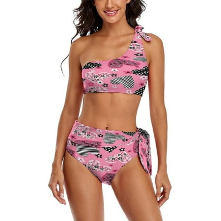 Love Pattern Black And White Polka Dots Roses Wildflowers One Shoulder Bowknot Swimsuit Two Piece Swimsuit Knot Crop Top Bikini High Waisted Bathing Suit