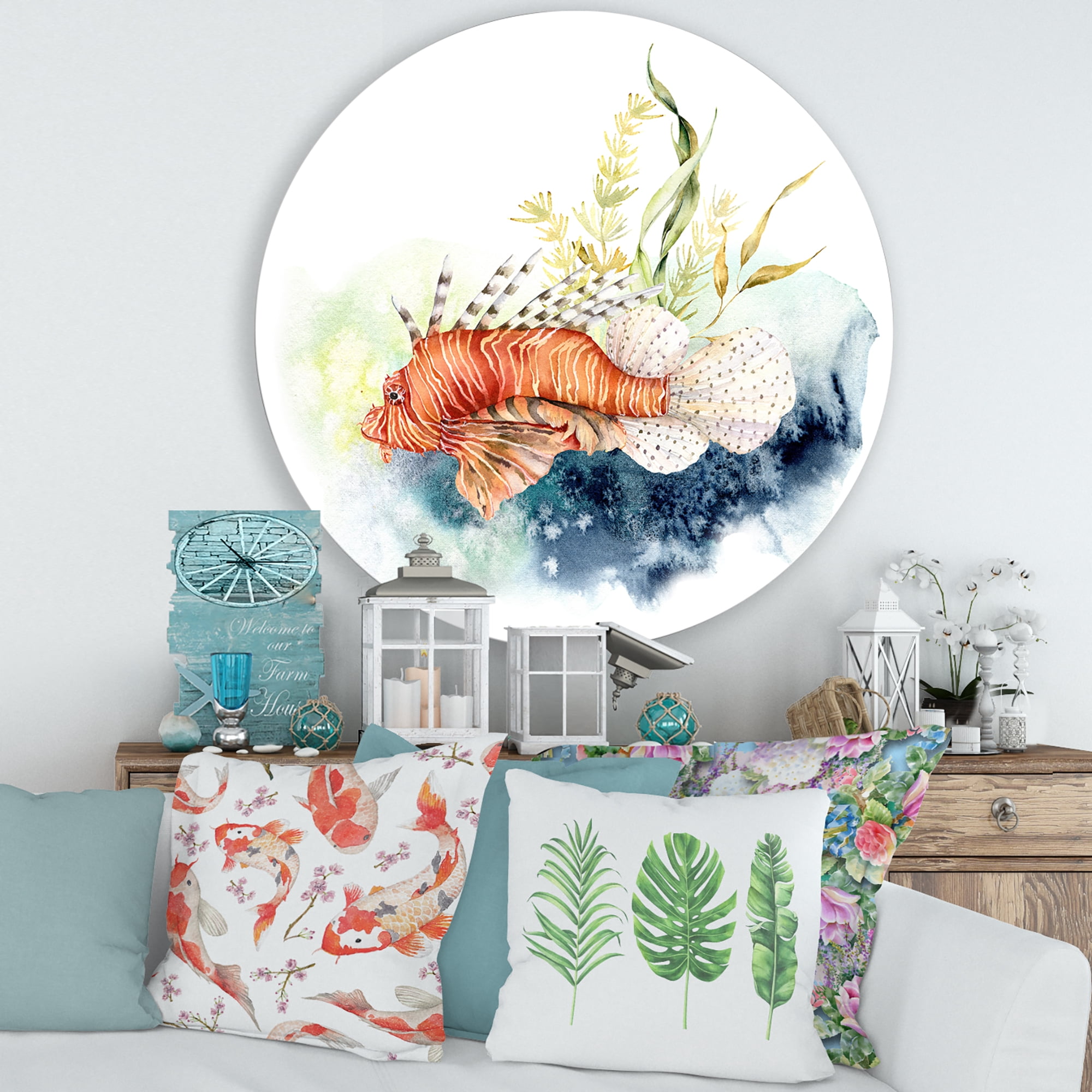 Designart 'Kelp and Lionfish With Coral Reef and Laminaria' Nautical & Coastal Circle Metal Wall Art 36x36 - Disc of 36