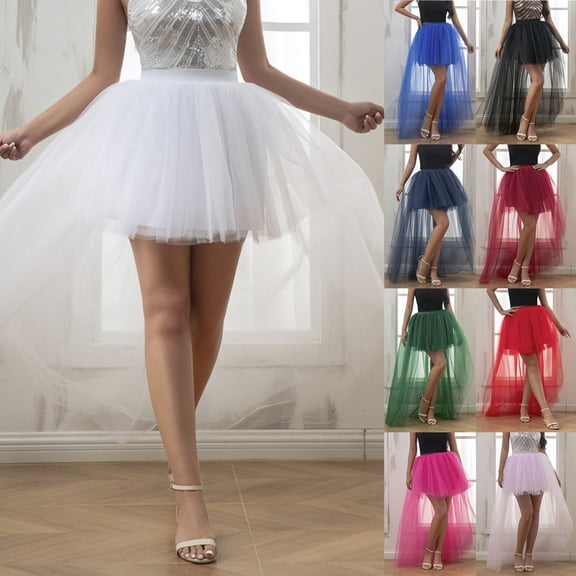 Miluxas Women's Tulle Bustle Skirt High-Low Asymmetric Layered Ruffles Solid Party Maxi Skirt White