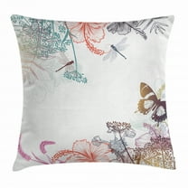 Dragonfly Throw Pillow Cushion Cover, Wildflowers Hibiscus Blooms Herbs Fern Artistic Antique Botanical Theme Design, Decorative Square Accent Pillow Case, 18 X 18 Inches, Multicolor, by Ambesonne