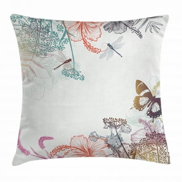 Dragonfly Throw Pillow Cushion Cover, Wildflowers Hibiscus Blooms Herbs Fern Artistic Antique Botanical Theme Design, Decorative Square Accent Pillow Case, 18 X 18 Inches, Multicolor, by Ambesonne