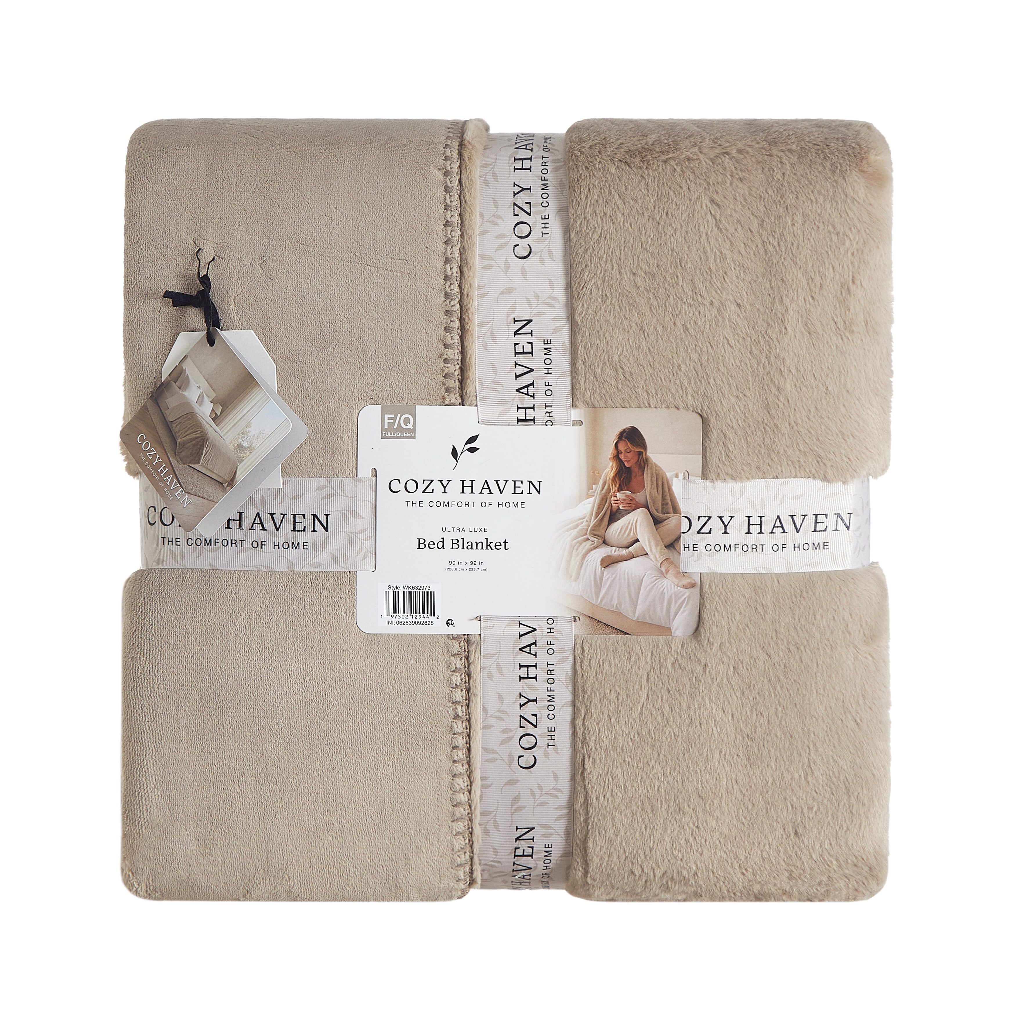 Cozy Haven Luxury Reversible Faux Fur Bed Blanket, Beige, Queen, 90 x 92 in