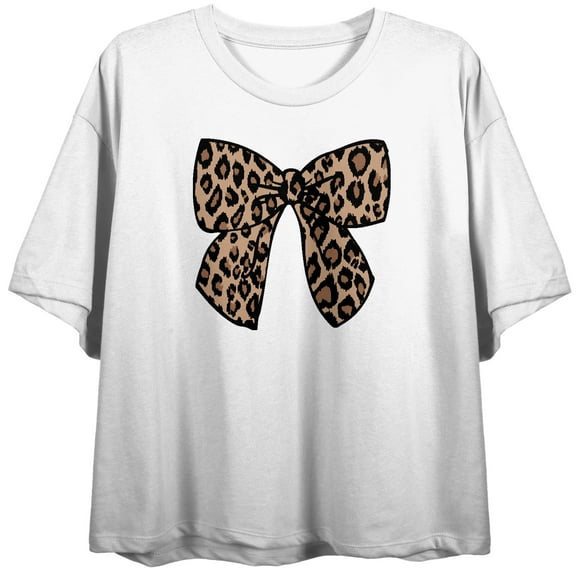 Jaguar Print Ribbon Women's White Crew Neck Short Sleeve Crop Top-Medium