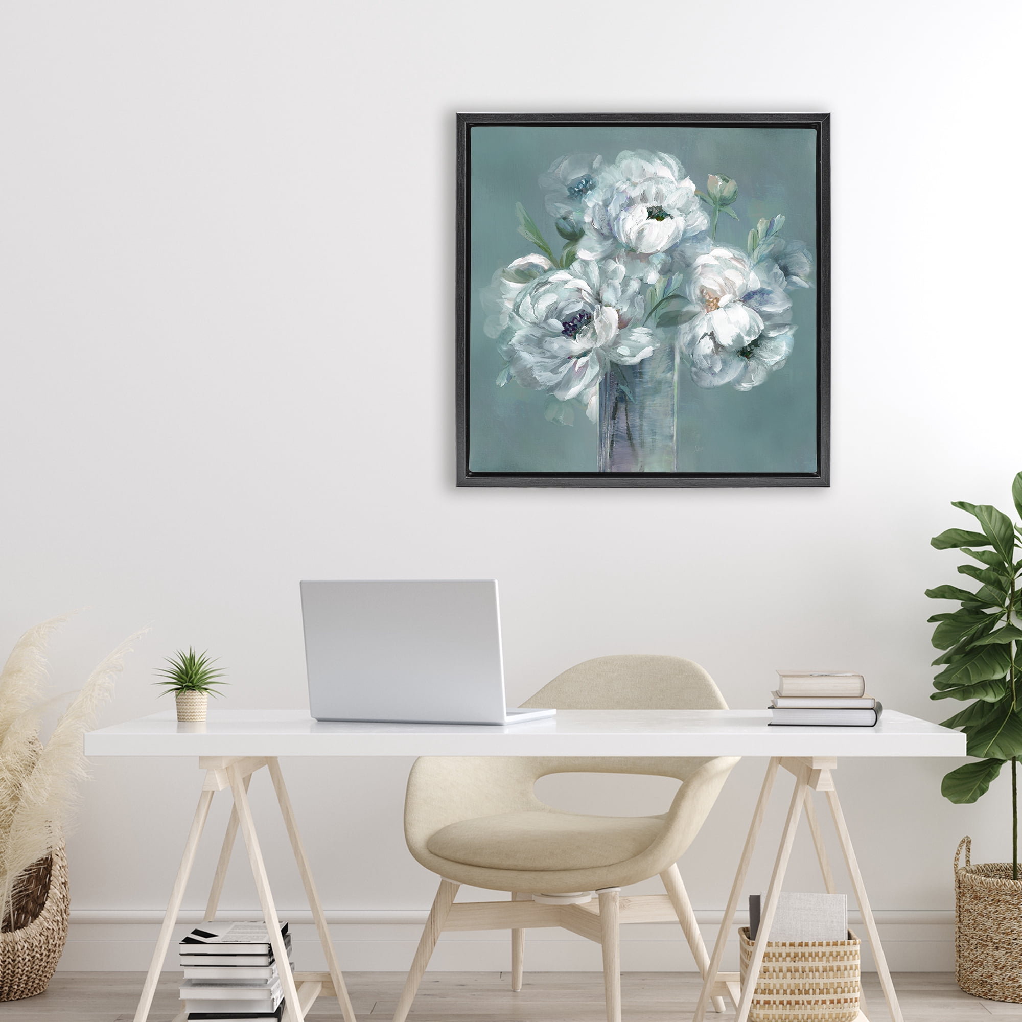 Stupell Industries White Peony Impression in Vase Black Framed Floater Canvas Wall Art, design by Nan