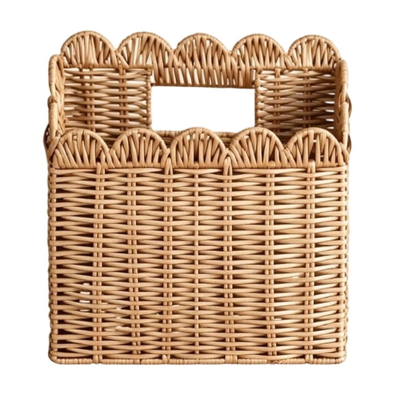 Scalloped Rattan Woven Storage Basket, Handled Organizer Bin with Wave Edge, Natural Wicker Decorative Basket for Books Magazines