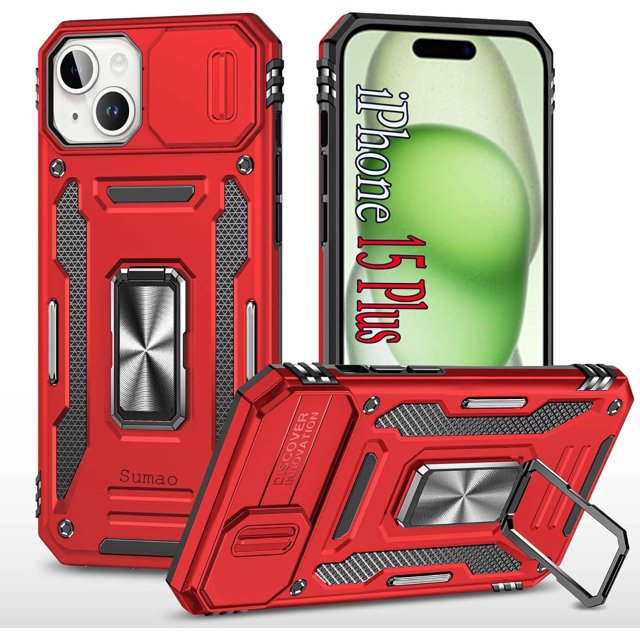 Funda Sumao para iPhone 15 Plus con anilla, fina, de silicona líquida, de grado militar, a prueba de golpes, color rojo