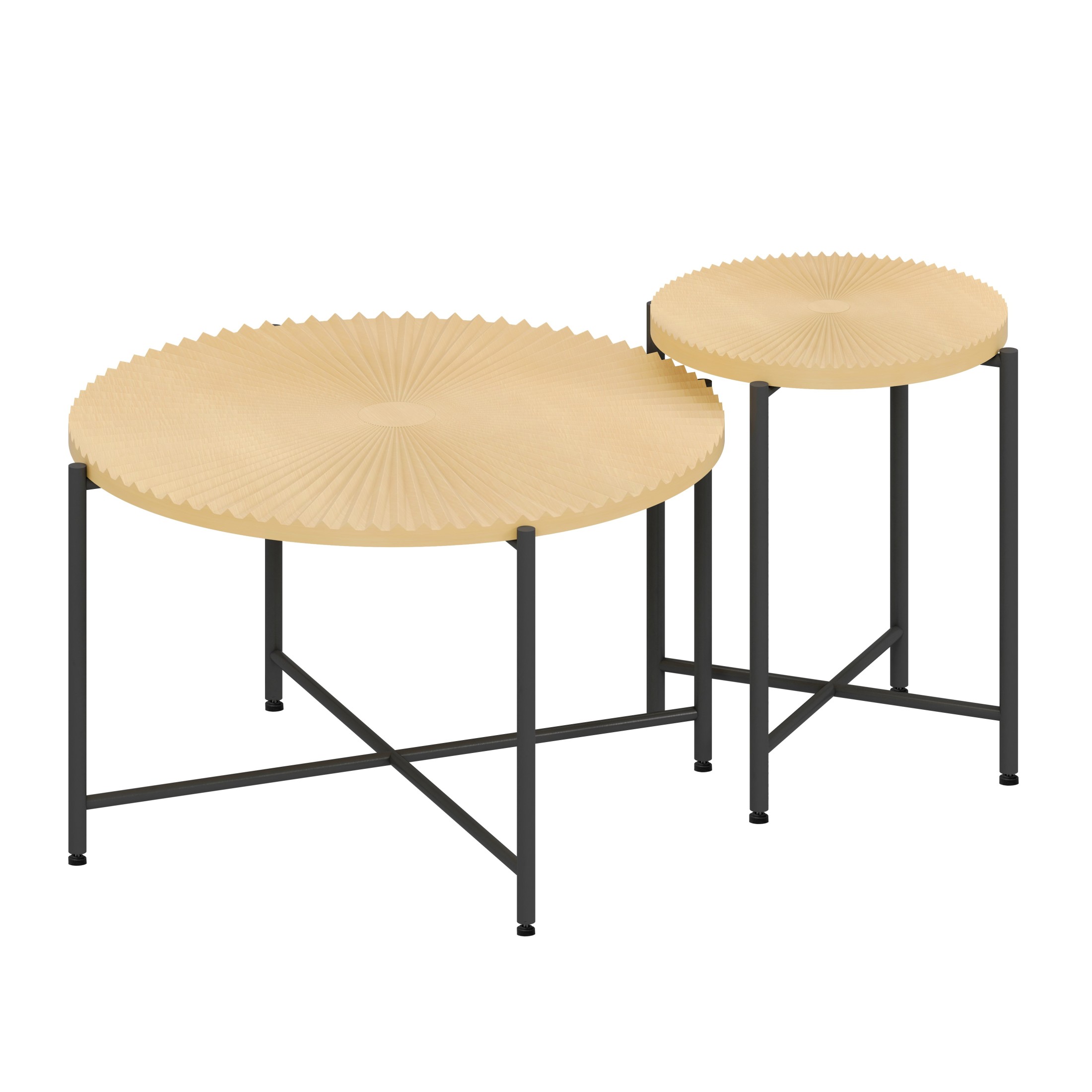 GDF Studio 2-Piece Rustic Coffee and End Table Set, Radial Pattern Tabletops, Black Metal Legs, Natural Oak