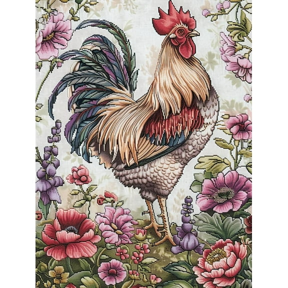 White Rooster and Flowers DIY 11CT Stamped Cross Stitch Kits for Beginners Easy Needlepoint Embroidery Counted Cross Stitch Art Craft for Wall Decoration 12x16inch(1)