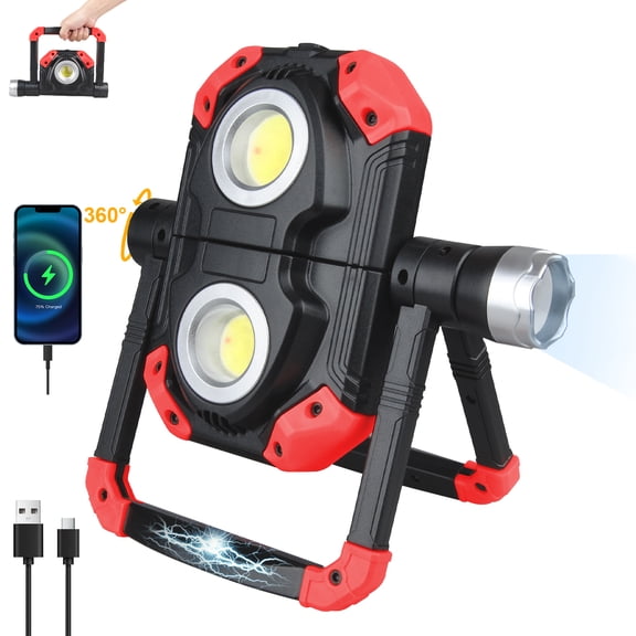 FiveBox Magnetic Rechargeable LED Work Light, 2500LM Ultra-Light Bright Foldable Portable Flood Light with 360° Rotation Stand, 5 Modes Flashlight Spotlight for Car Repairing Camping Emergency, Red