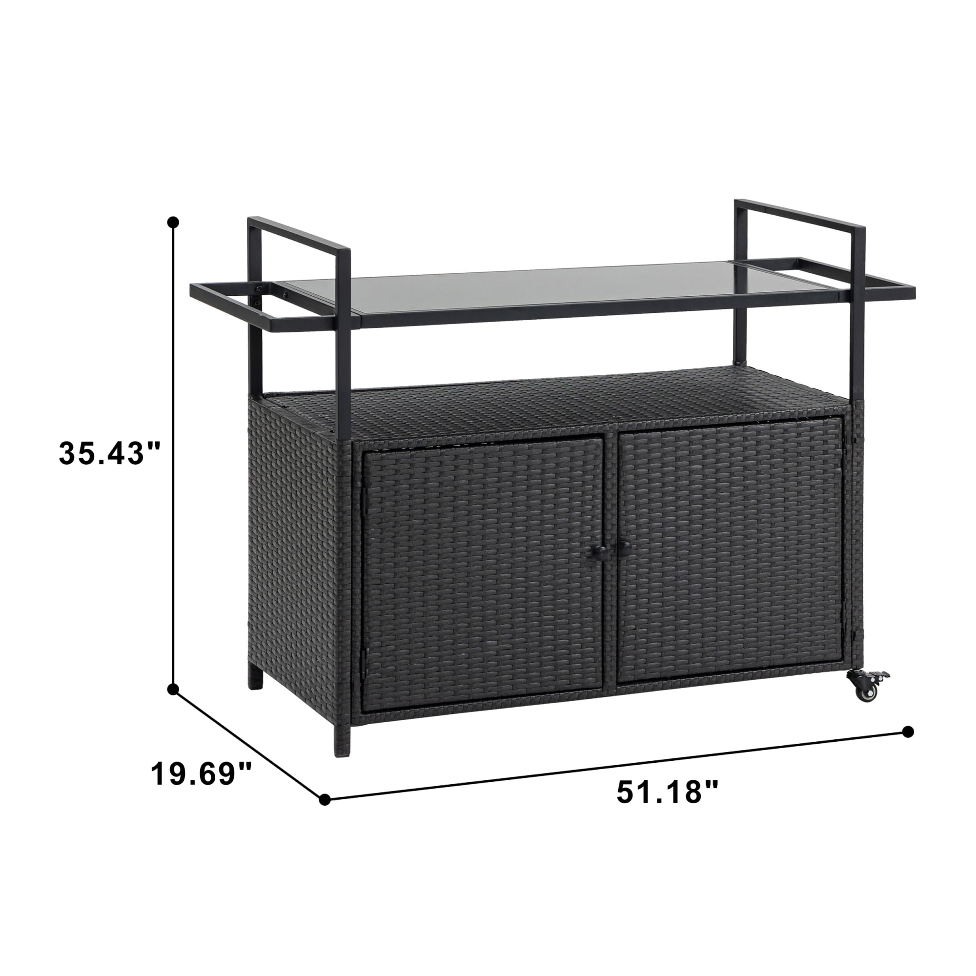 Outdoor Bar Cart,Patio Wicker Wine Serving Cart w/Wheels,Rolling Rattan Beverage Bar Counter Table w/Glass Top for Porch Backyard Garden Poolside Party,Black