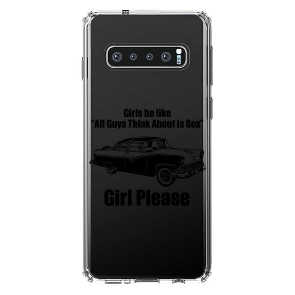 DistinctInk Clear Shockproof Hybrid Case for Samsung Galaxy S10 (6.1" Screen) - TPU Bumper Acrylic Back Tempered Glass Screen Protector - All Guys Think About is Sex - Cars!