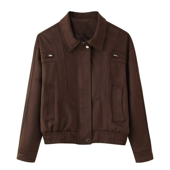 Gamivast Jacket Women Suede Oversized Zip up Lapel Neck Jacket with Zipper Pockets Trendy Long Sleeve Button Coats Fall Fashion Elastic Hem Outerwear Winter Clothes for Cold Weather