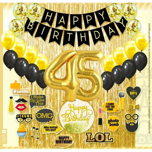 45th Birthday Decoration Black and Gold for Boy & Girl, 45th Cake Topper, 45th Party Supplies for Her and Him, 45th Birthday Photo Props