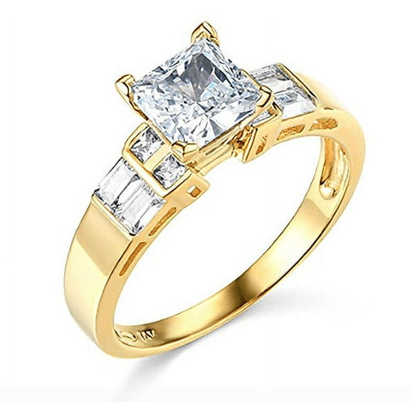 2.50 Ct Princess Baguette Cut Real Solid 14K Yellow Gold Engagement Wedding Ring
