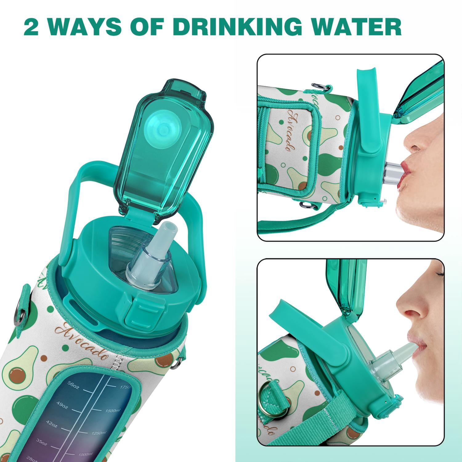 Avocado 64 Oz Water Bottle with Measurements - BPA Free Leakproof Sport Large Plastic Water Bottle with Straw & Time Marker & Insulated Neoprene Holder Carrier Bag Great Gift for Women Men