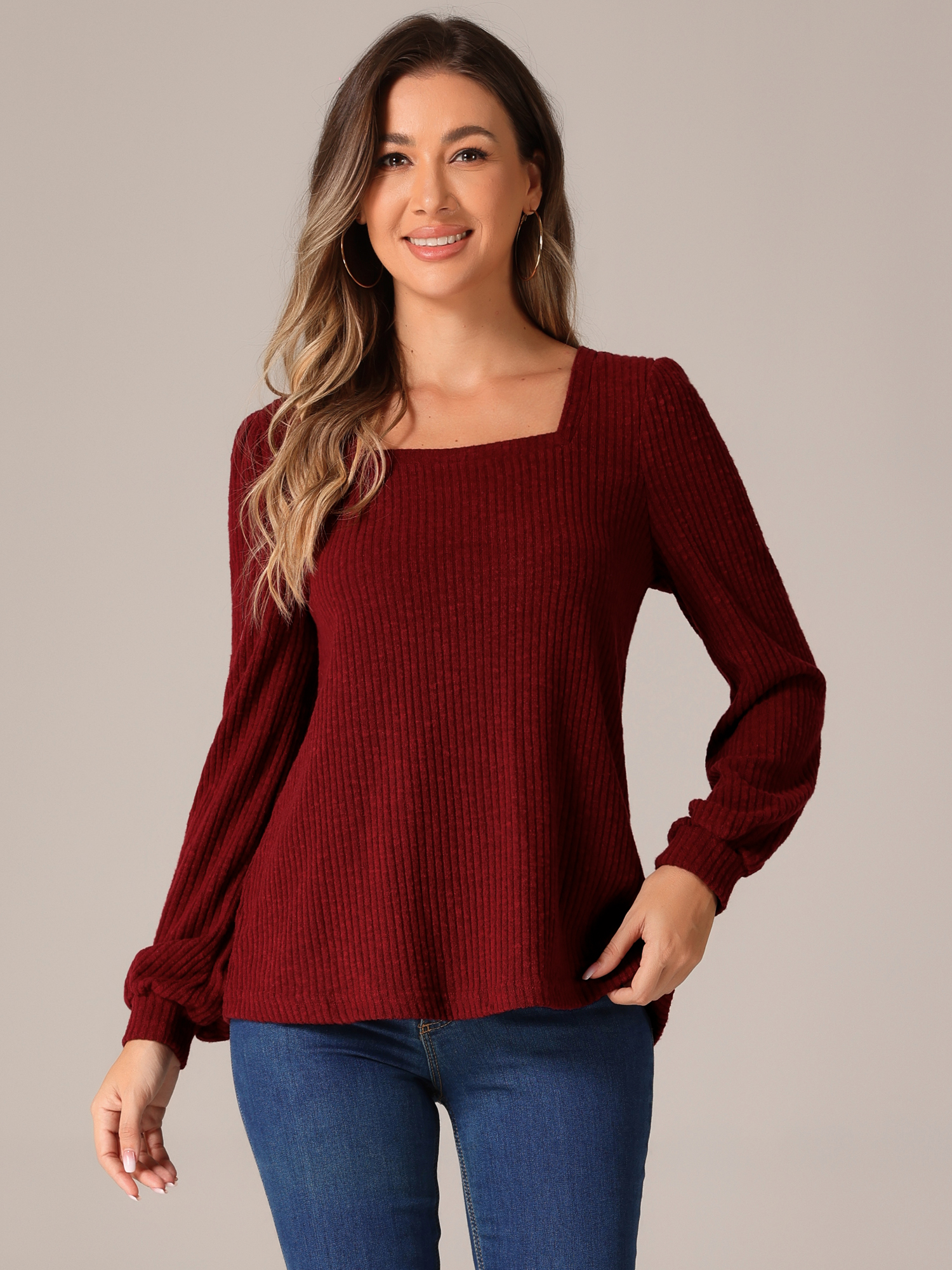 DARING DIVA Women's Vintage Sweater Puff Long Sleeve Ribbed Knit Top S Burgundy