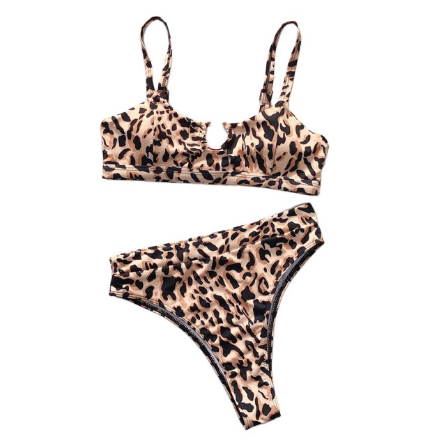 Conjunto de bikini para mujer con parte superior de tiras y parte inferior de corte alto, traje de baño para mujer Leopardo