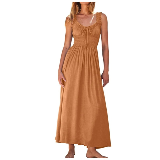 2025 Vestido largo sin mangas de verano para mujer con cintura imperio fruncida y volantes - Boho A-Line con dobladillo fluido