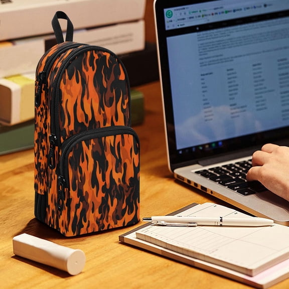 Backpack Pencil Case, 3 Compartment Large Capacity Oxford Fabric Pencil Pouch / Orange and Black Flames