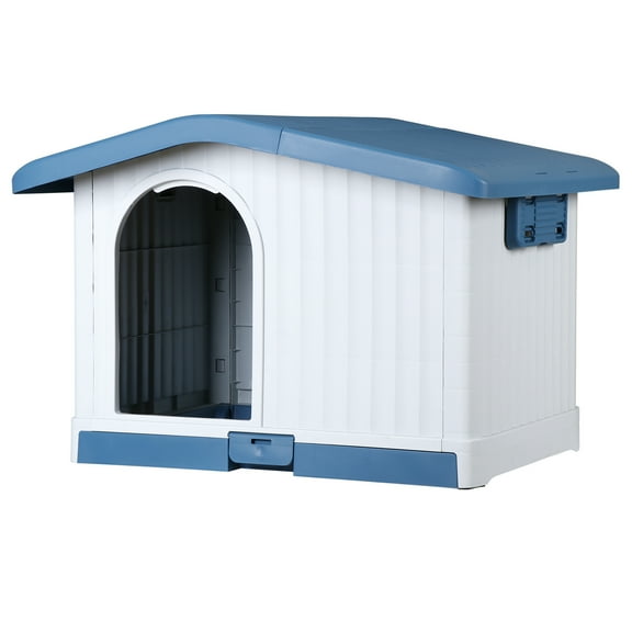 LINJH Plastic Dog House for Indoor/Outdoor Use - Pet Shelter with Liftable Roof & Bar Window - Weatherproof Pet Home for Small to Medium Dogs