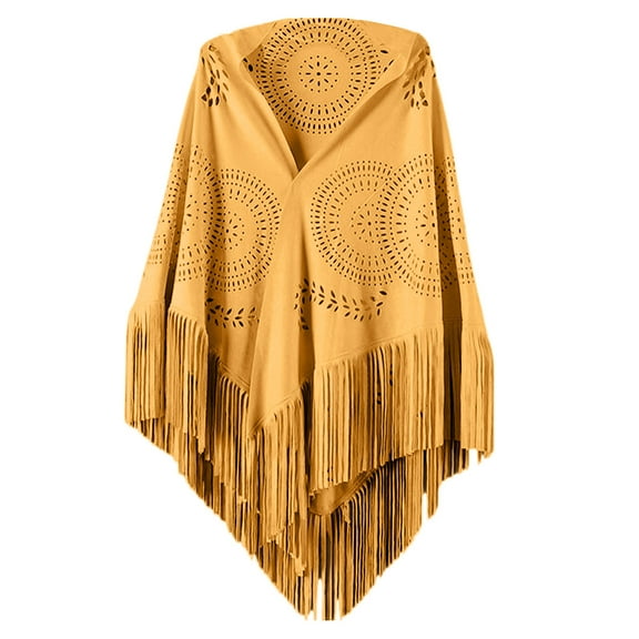 QQAMB Women's Shwal Fall Winter Trendy Faux Suede Fringed Shawl Wrap Hollow Stole Cape Scarf with Long Tassels