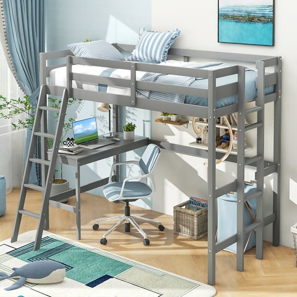 Costway Twin Size Loft Bed w/ Desk & Shelf 2 Ladders & Guard Rail for Kids Teens Bedroom Grey