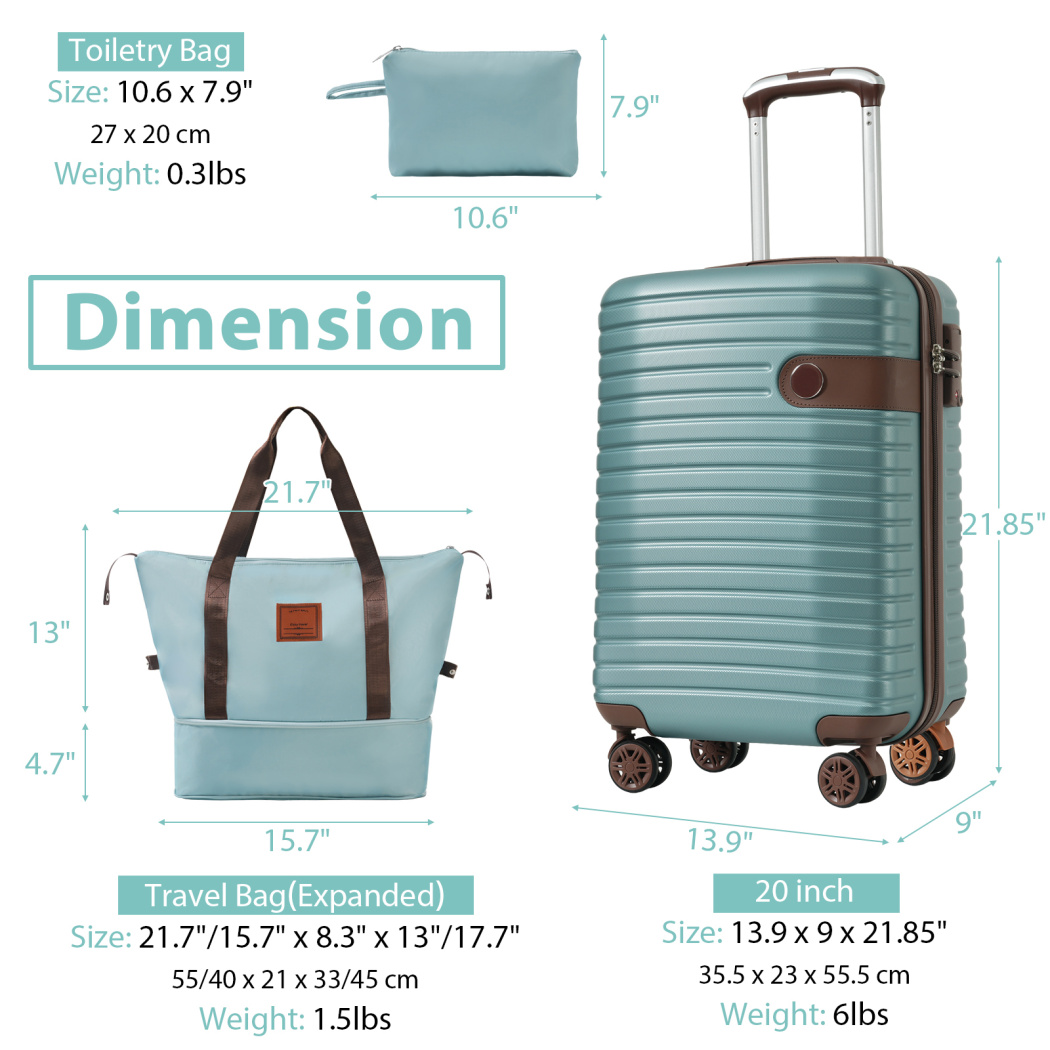 Large-Capacity 3-Piece Luggage Set with Spinner Wheels & Expandable Zippers: ABS Carry-On, Waterproof Duffel & Toiletry Bag for Business Trips & Shopping