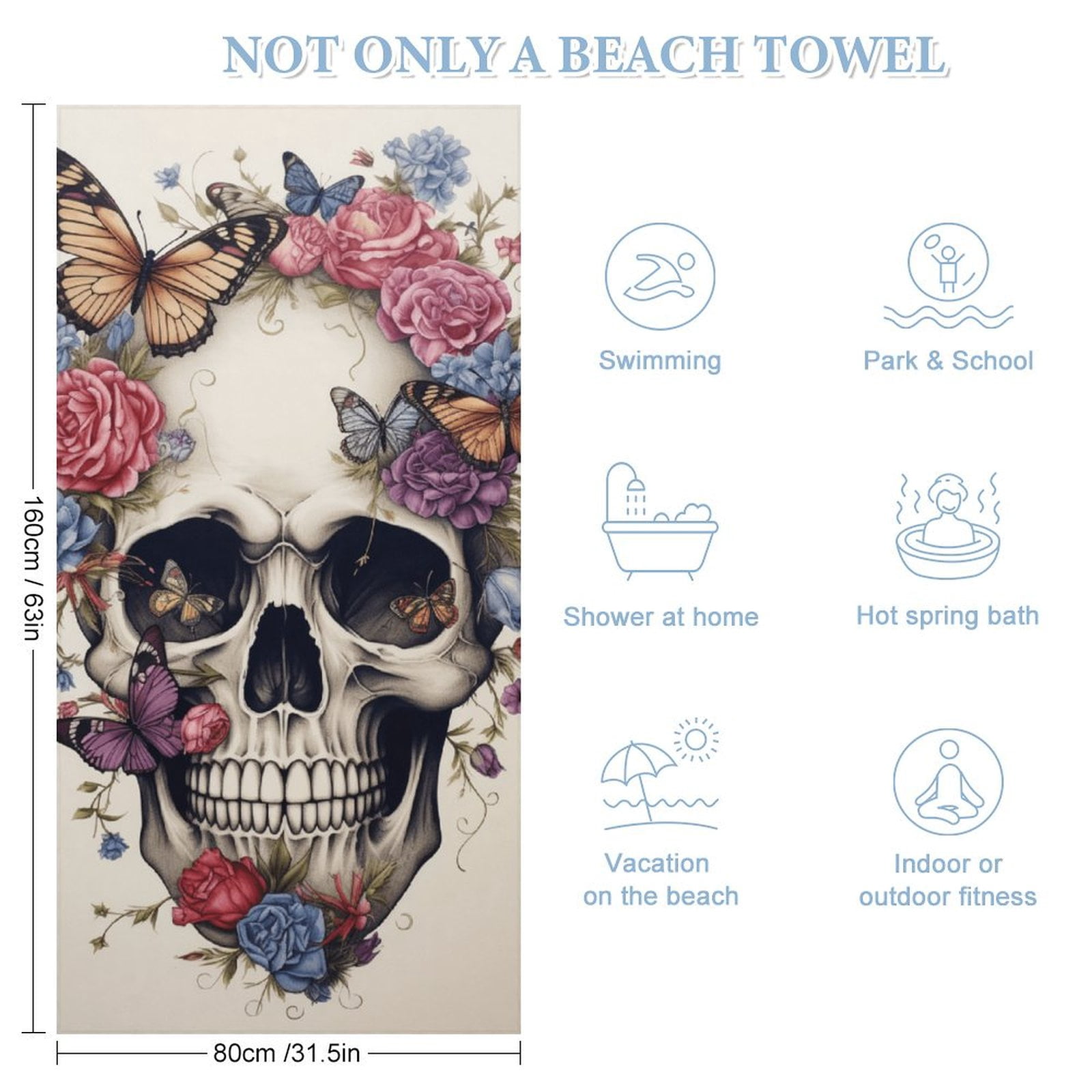 Gothic Skull Lover Oversized Beach Towel XL Pool Camping Swim Towels 32''x63'' Soft Blanket Accessories Must Vacation Necessities Adult