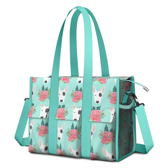 Teacher Tote Bag,Bull Terrier Dog and Flower Florals Teacher Utility Tote Bag,Large Work Tote Bags for Women with Multiple Pockets,Top Zipper Closure,13.8x10.6x6.7 Inch