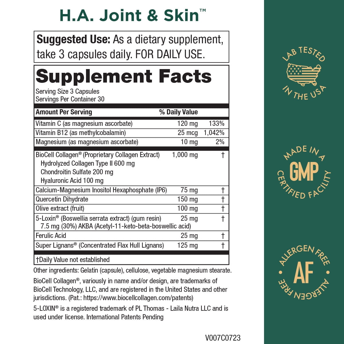 H.A. Joint and Skin Super Formula - Purity Products - BioCell Collagen w/ Hyaluronic Acid Supports Healthy Joint Flexibility, Healthy Synovial Fluid, and Joint Lubrication - 5-Loxin - 90 capsules
