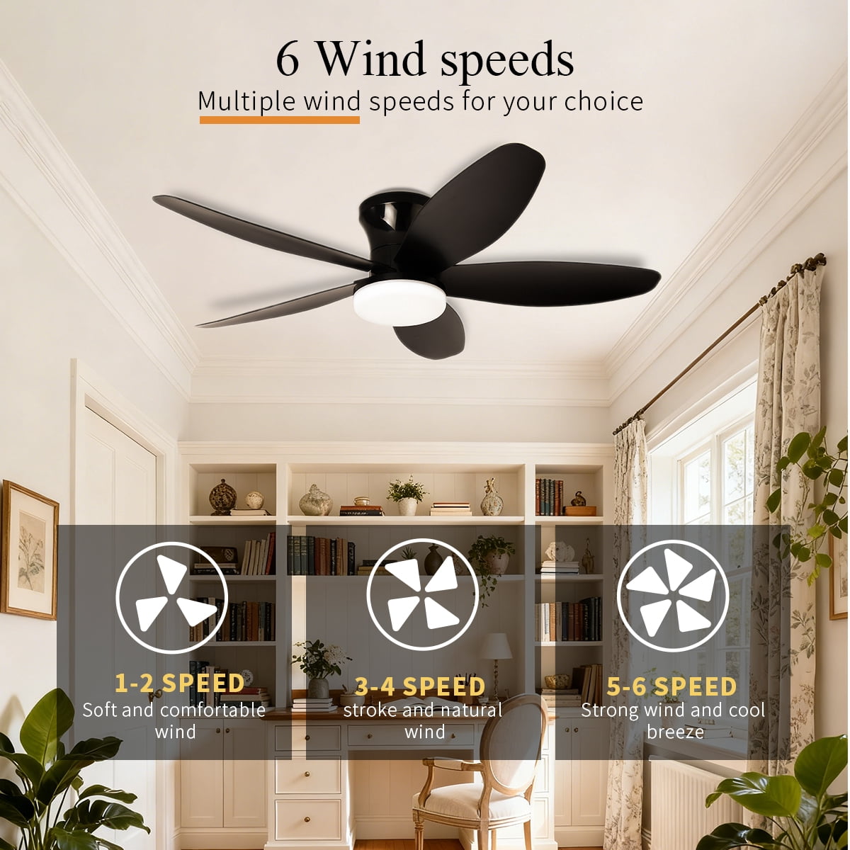 Ceiling Fans with Lights, 36 inches Low Profile Ceiling Fan with Light and Remote/APP Control, Fully Dimmable LED Light and Reversible Moter, Modern Ceiling Fan for Bedroom Living Room, Black