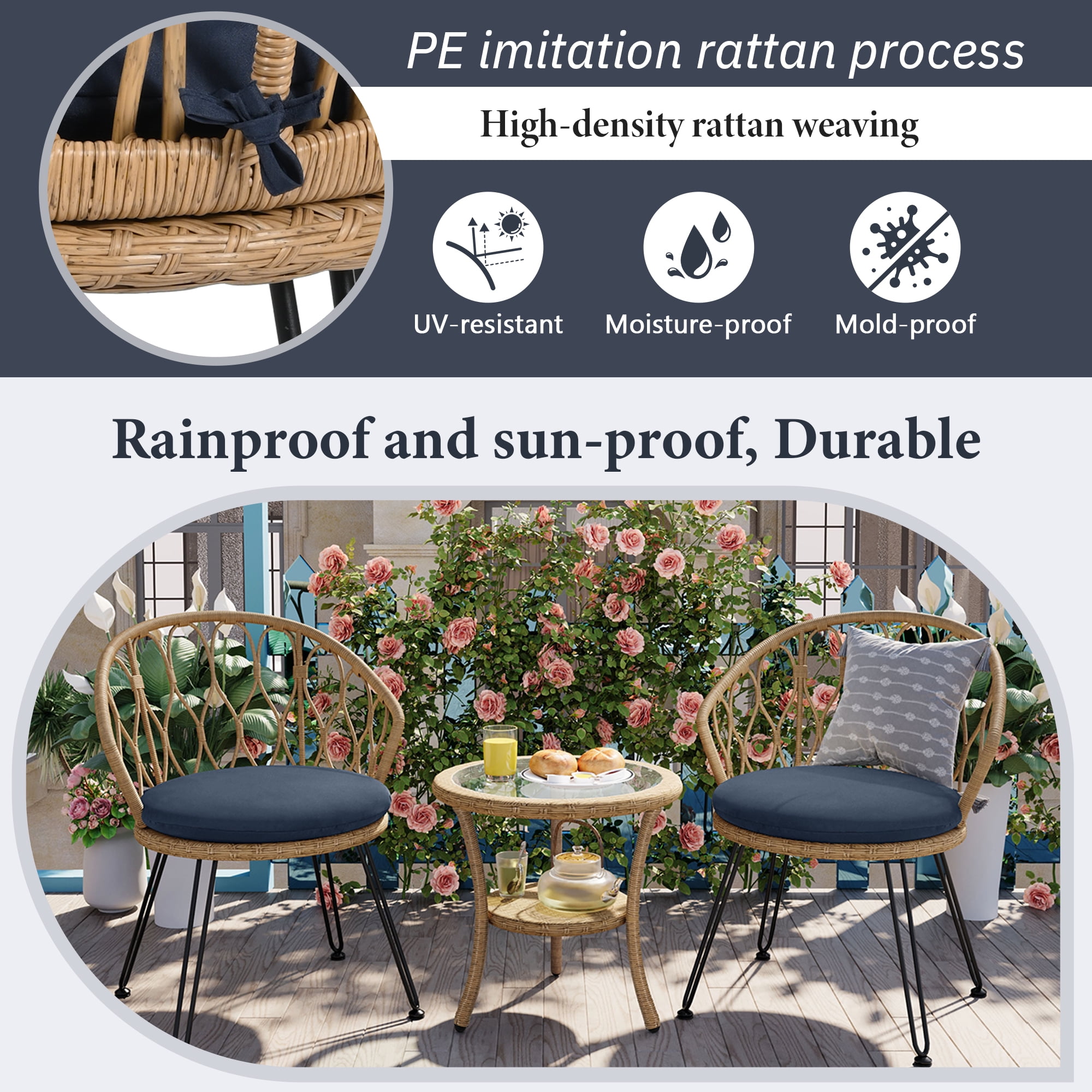 3-Piece Outdoor Furniture Sectional Sofa Set,Patio PE Wicker Conversation Sets with Beige Cushions,Top Glass,Lounge Chair for Garden, Deck, Poolside