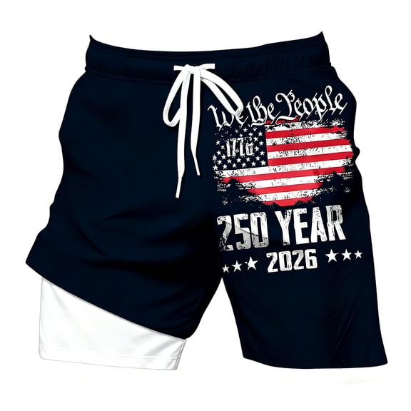 FINALGANG Boys Kids Two In One Athletic Shorts Drawstring Waist Vintage American Flag We The People 250 Year Print Swim Trunks For Workout Casual Wear Lightweight Swimwear