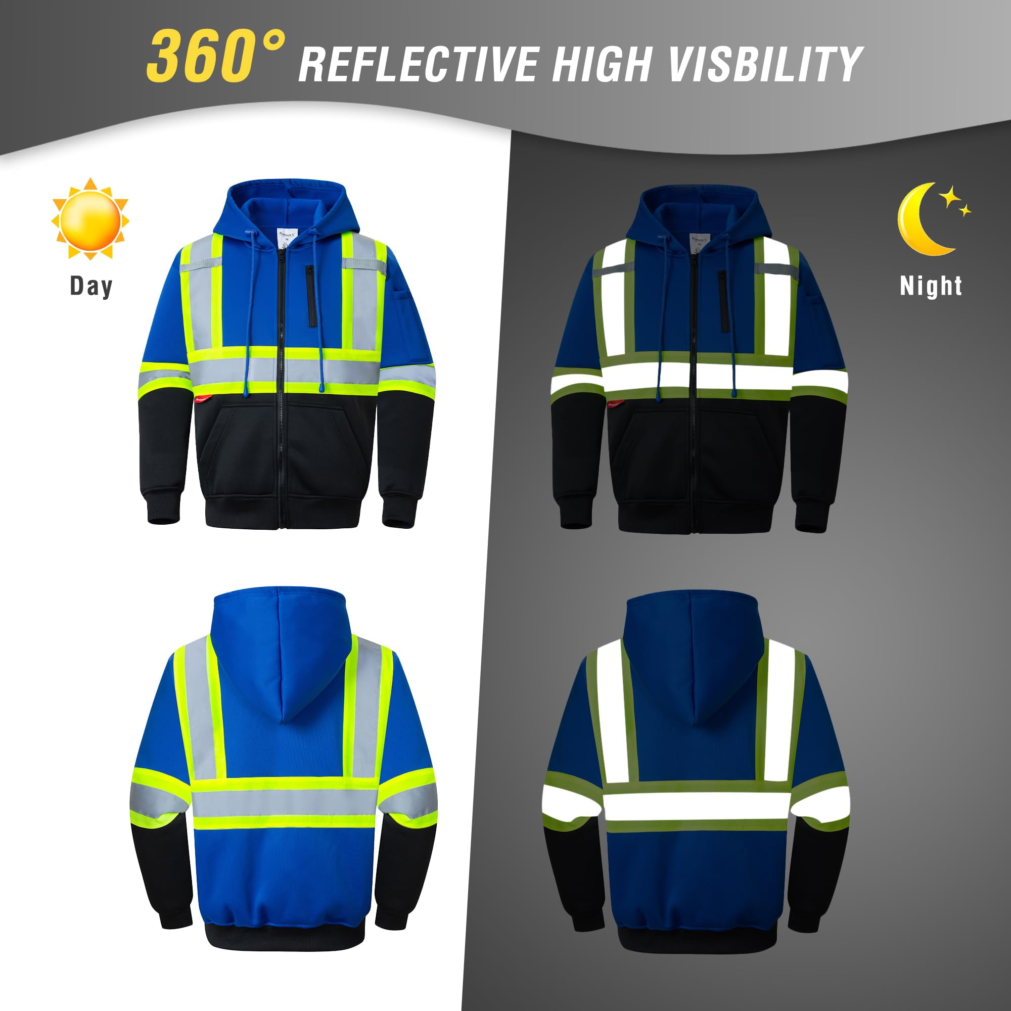 ProtectX High Visibility Safety Sweatshirt for Women Men, Class 3 Hi Vis Hoodie with large Pocket, Hooded Full-Zip Reflective Sweatshirt for Work & Construction, Blue, Large