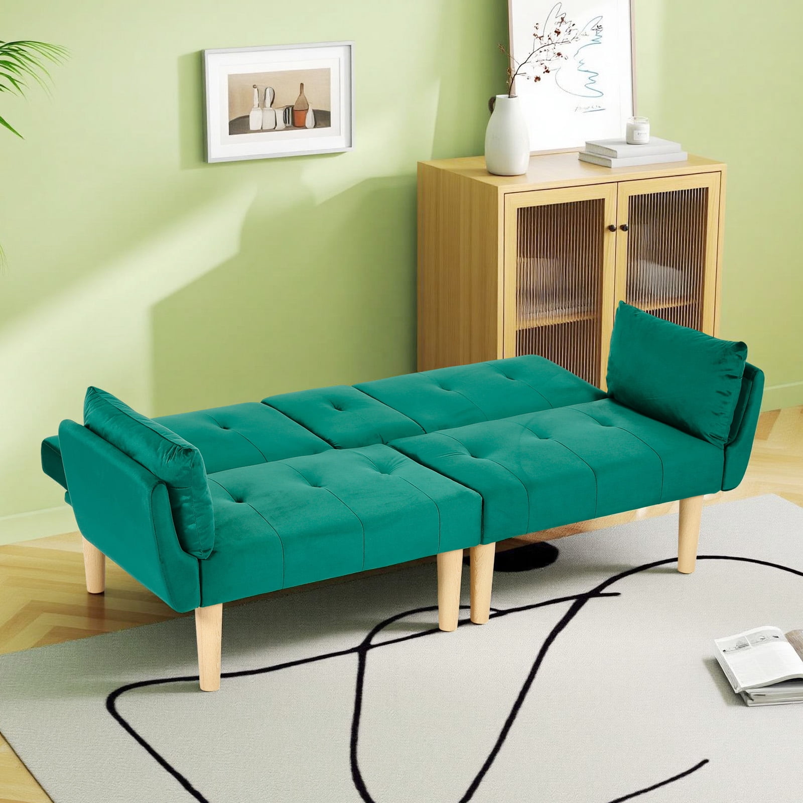 Leumius 72 Inch Futon Sofa Bed,Velvet Futon Couch with Adjustable Backrest and Cupholders,Suitable for Apartment,Living Room,Small Space,Green
