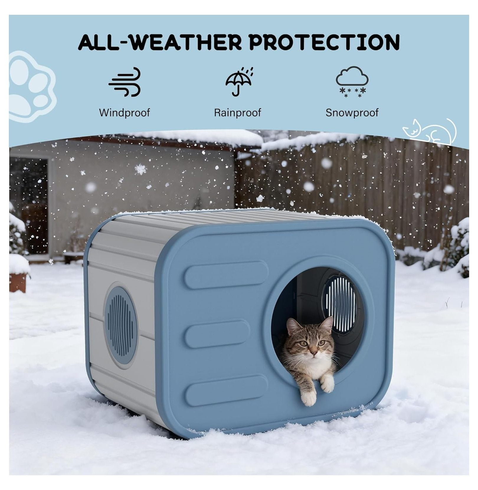 Weatherproof Cat House Outdoor Indoor, Plastic Cat Shelter Camera Design - Blue