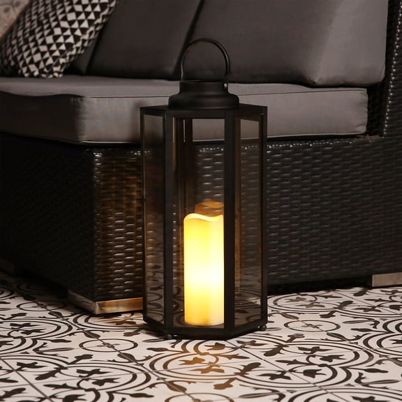 Alpine Corporation 18" Iron Hexagonal Candle LED Light Lantern, Black