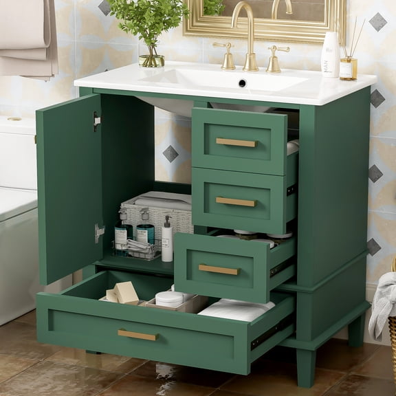 30" Bathroom Cabinet - Modern Vanity With Sink. Solid Wood, Panels. Door & 3 Drawers. Ceramic Countertop. Stylish Management Neatness