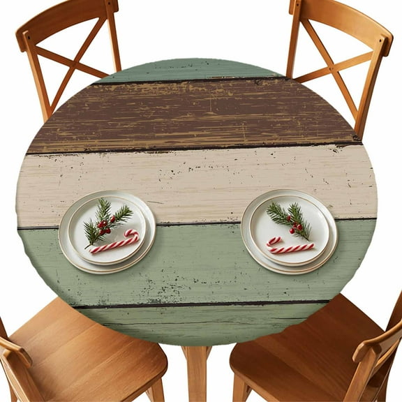 Round Tablecloth Farmhouse Rustic Wood Texture Elastic Edge Fitted Sage Green Brown Plastic Table Cover,Waterproof Oil Proof for Dinner,Outdoor, Picnic, 55"- 60" DIA Tables