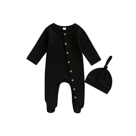 

Polinkety Baby Boys s Girl s Romper Set Solid Color Round Neck Long Sleeve Button-Down Ribbed Feet Wrap Jumpsuit + Hat