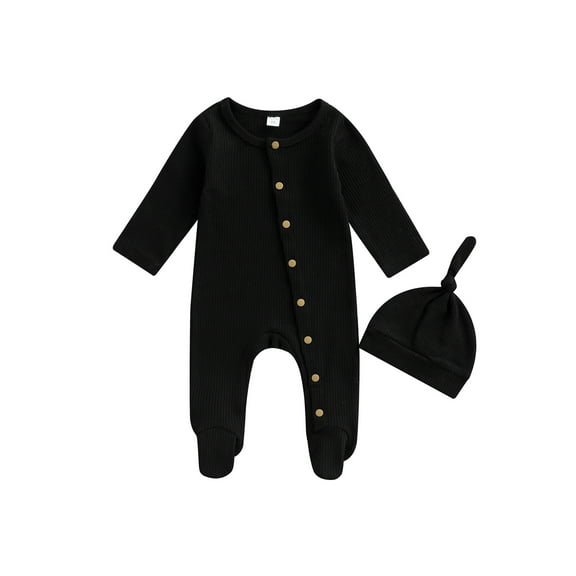 Wassery Baby Boys Girls One Piece Jumpsuit Knit Ribbed Long Sleeve Crew Neck Button Feet Wrap Bodysuit and Hat 0-6 Months Infant Autumn Clothes