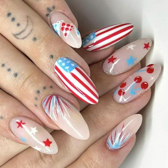 ROZYARD 24 Pcs Medium Almond False Nail Press On Nail Independence Day Stick on Nail