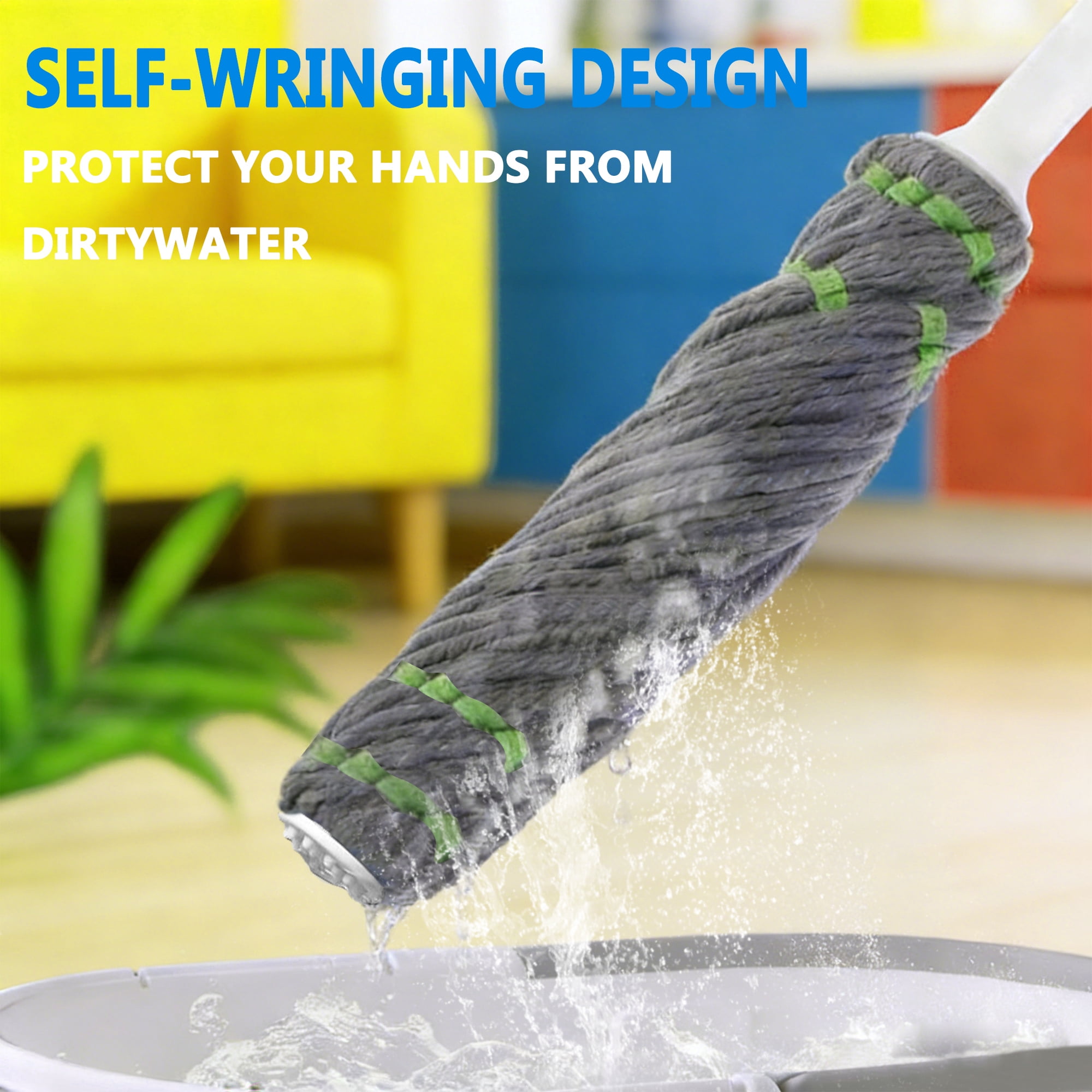 GARITIN Self-Wringing Twist Mop, Microfiber Floor Mop with 55" Long Handle, Hands-Free Ratchet Wringing
