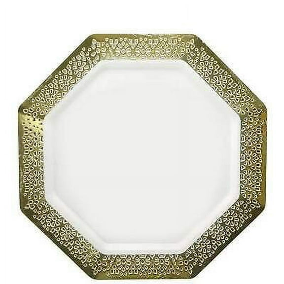 Gold Rim Lacetagon 9.25" Disposable Pretty Pearl Plate For All Occasions 10Count